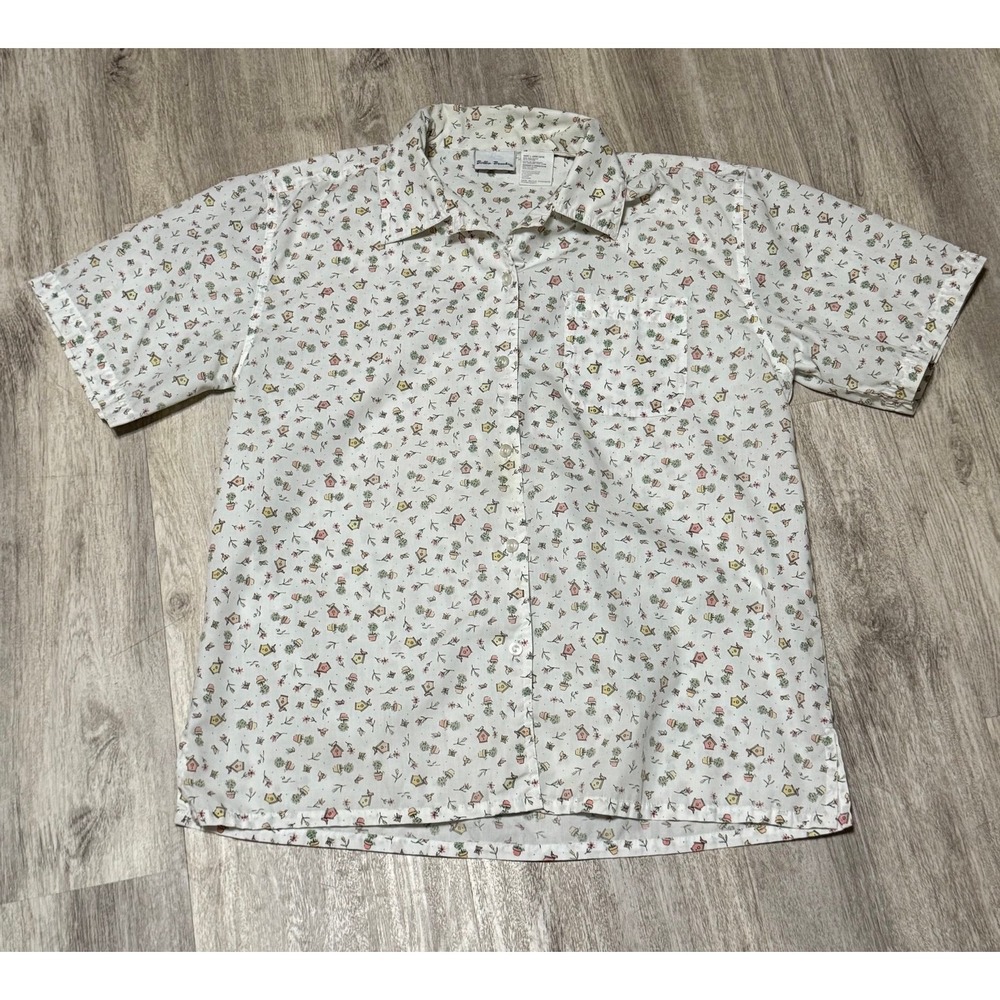 Vintage Bobbie Brooks Birdhouse Short Sleeve Button Up Blouse Shirt Sz‎ Large